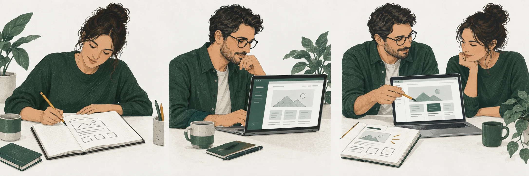 Illustration of sketching an idea in a notebook
