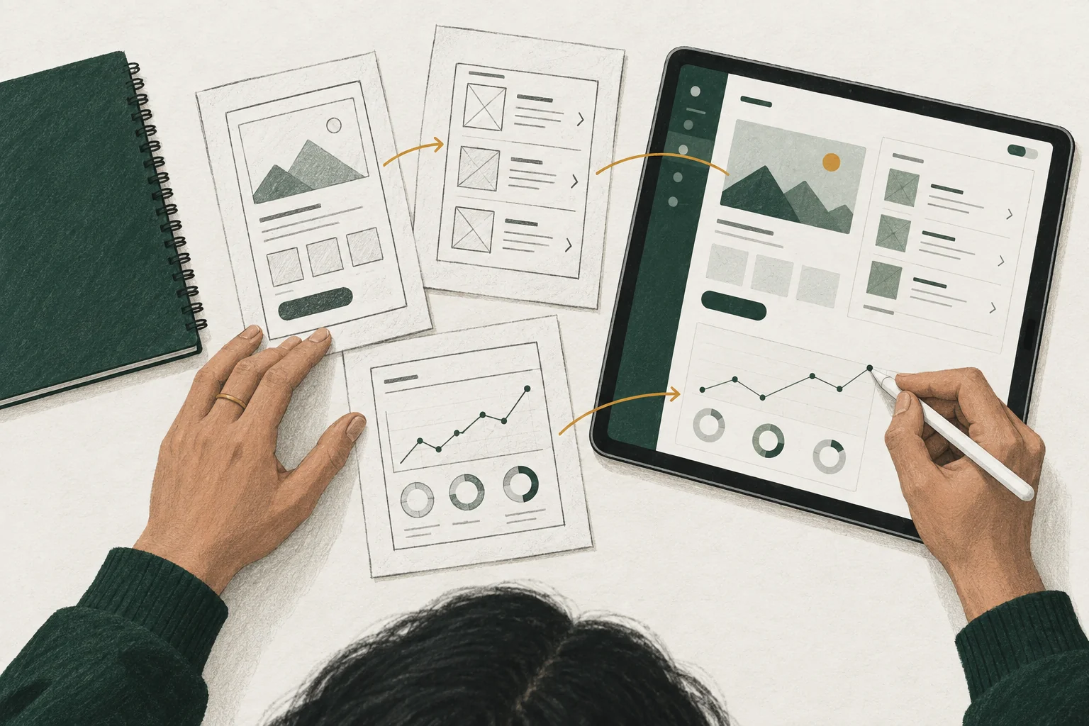Illustration of paper sketches becoming a digital prototype