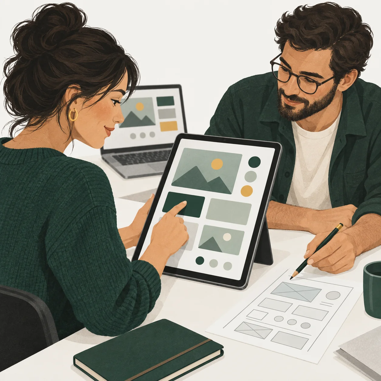 Illustration of two people designing and trying a digital product together